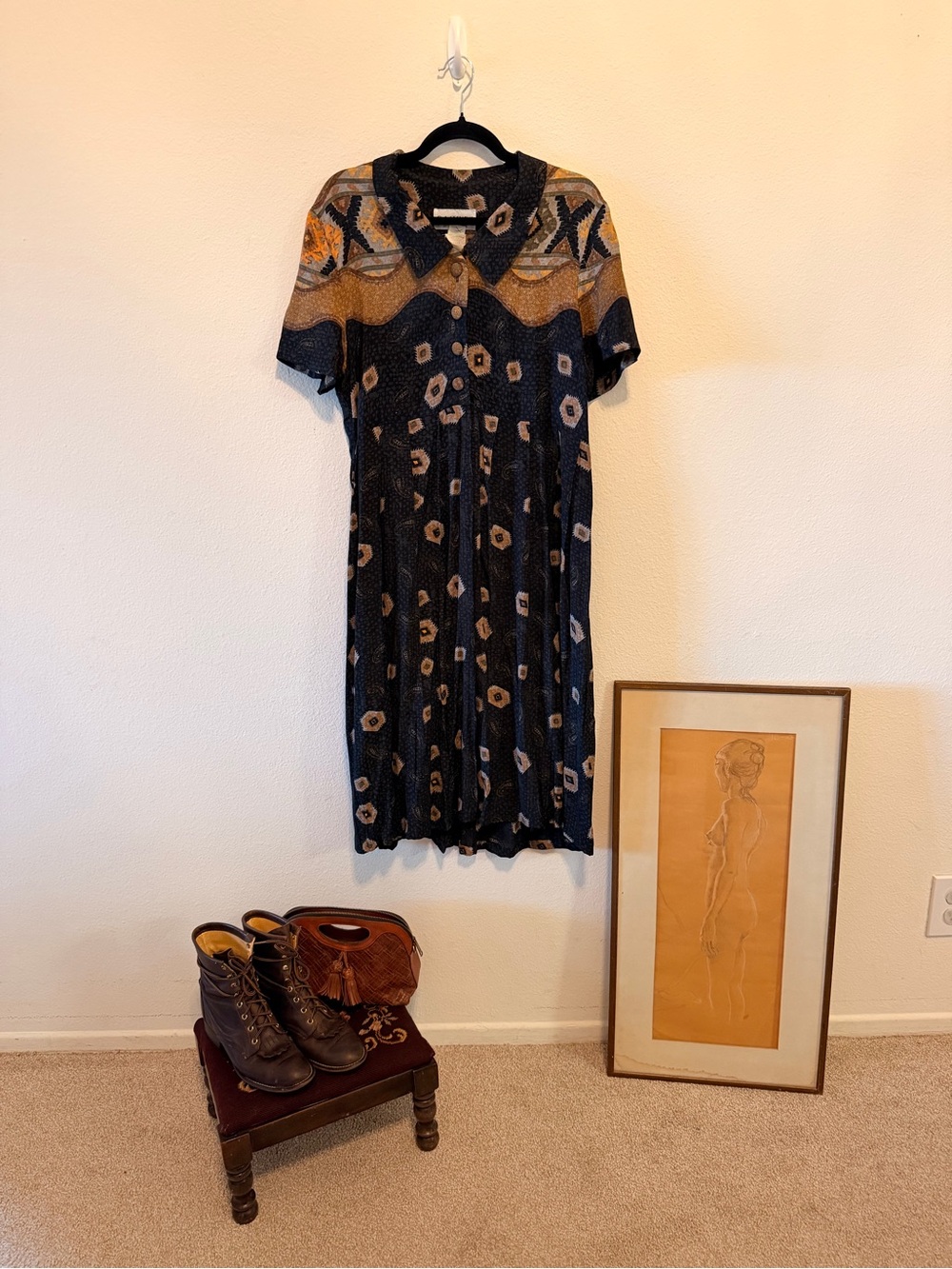 Women's Navy and Tan Patterned Midi Dress
